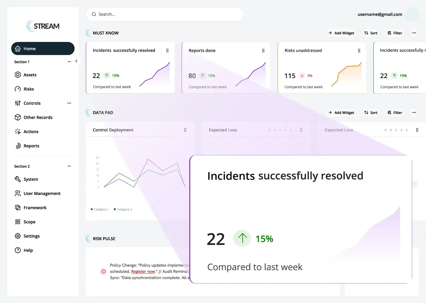 STREAM® Dashboard showing cyber risk management interface with compliance metrics and control monitoring